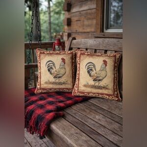 Vintage French Aubusson Decorative Feather Down Throw Pillows Farmhouse Rooster
